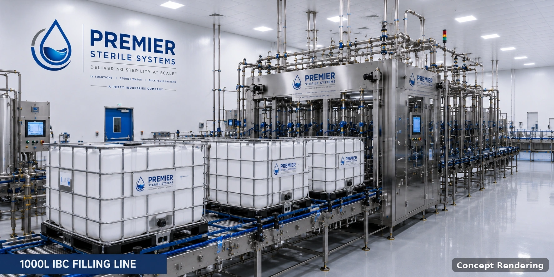 Concept rendering of a 1000L IBC filling line at the proposed PREMIER Sterile Systems facility