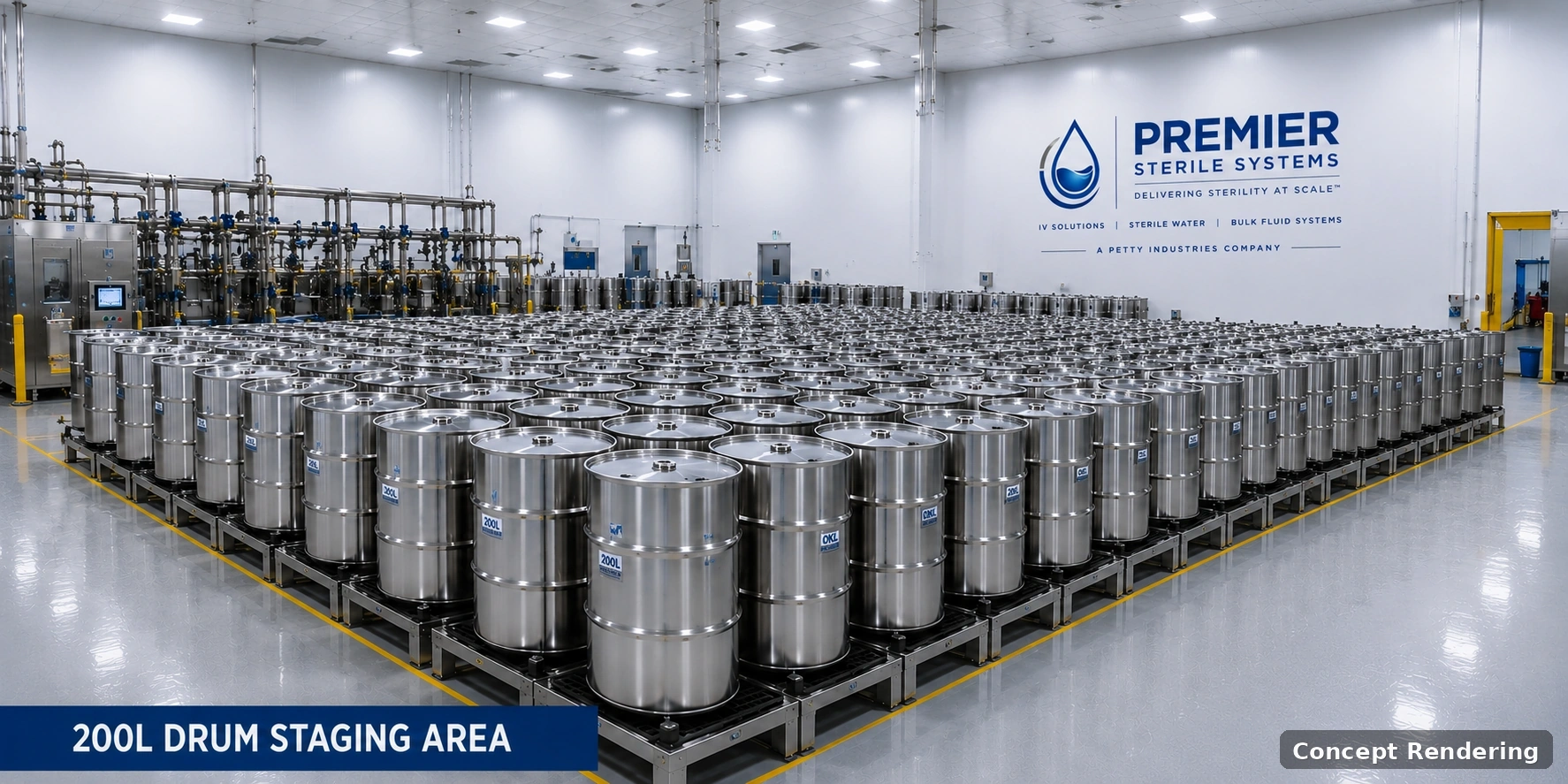 Concept rendering of a 200L drum staging area at the proposed PREMIER Sterile Systems facility