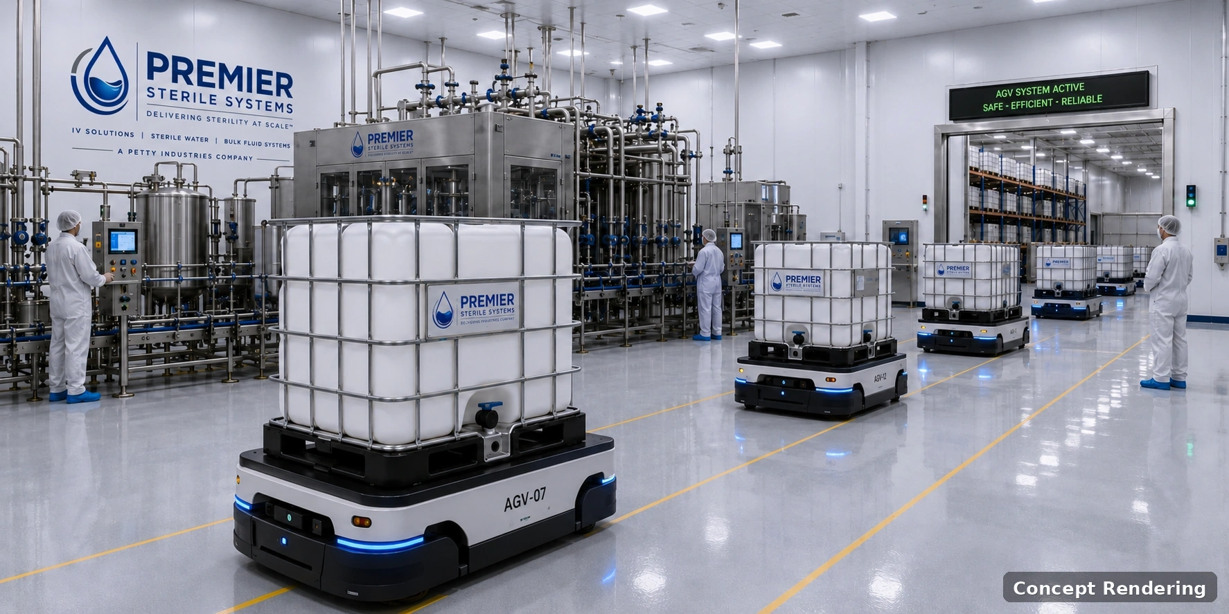 Concept rendering of AGV-based automation in the proposed PREMIER Sterile Systems manufacturing facility