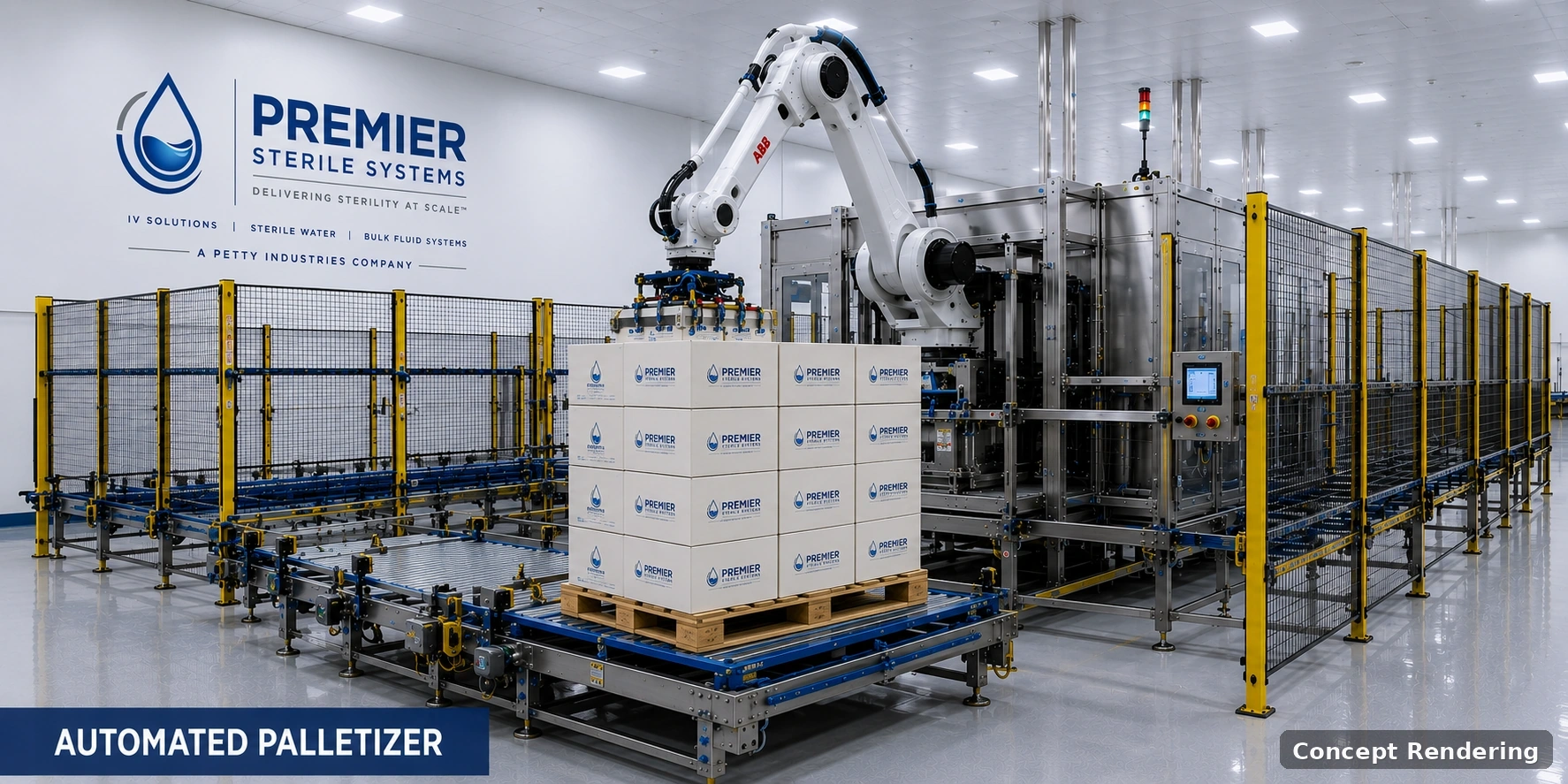 Concept rendering of an automated palletizer at the proposed PREMIER Sterile Systems facility