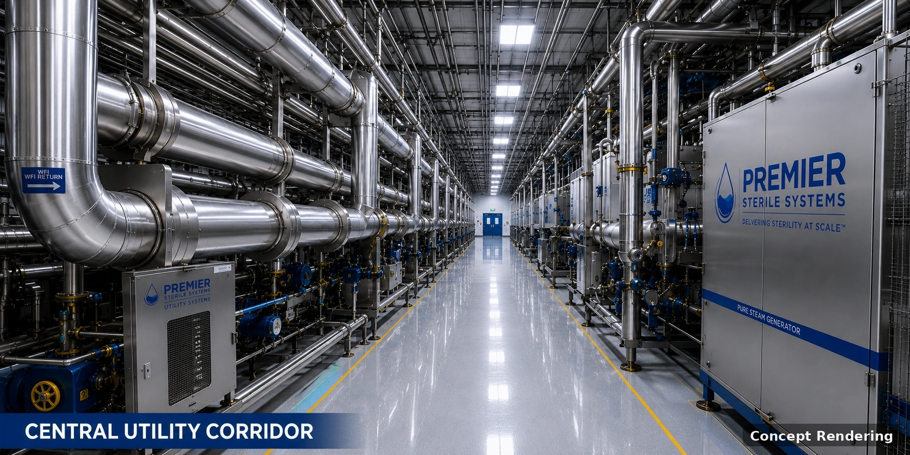 Concept rendering of the central utility corridor at the proposed PREMIER Sterile Systems facility