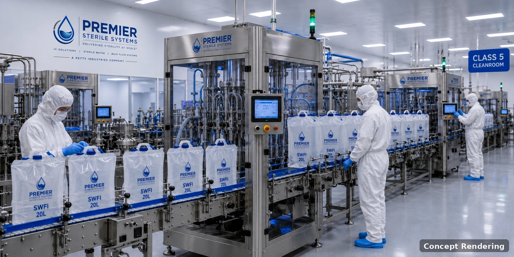 Concept rendering of a Sterile Water for Injection (SWFI) filling line at the proposed PREMIER Sterile Systems facility